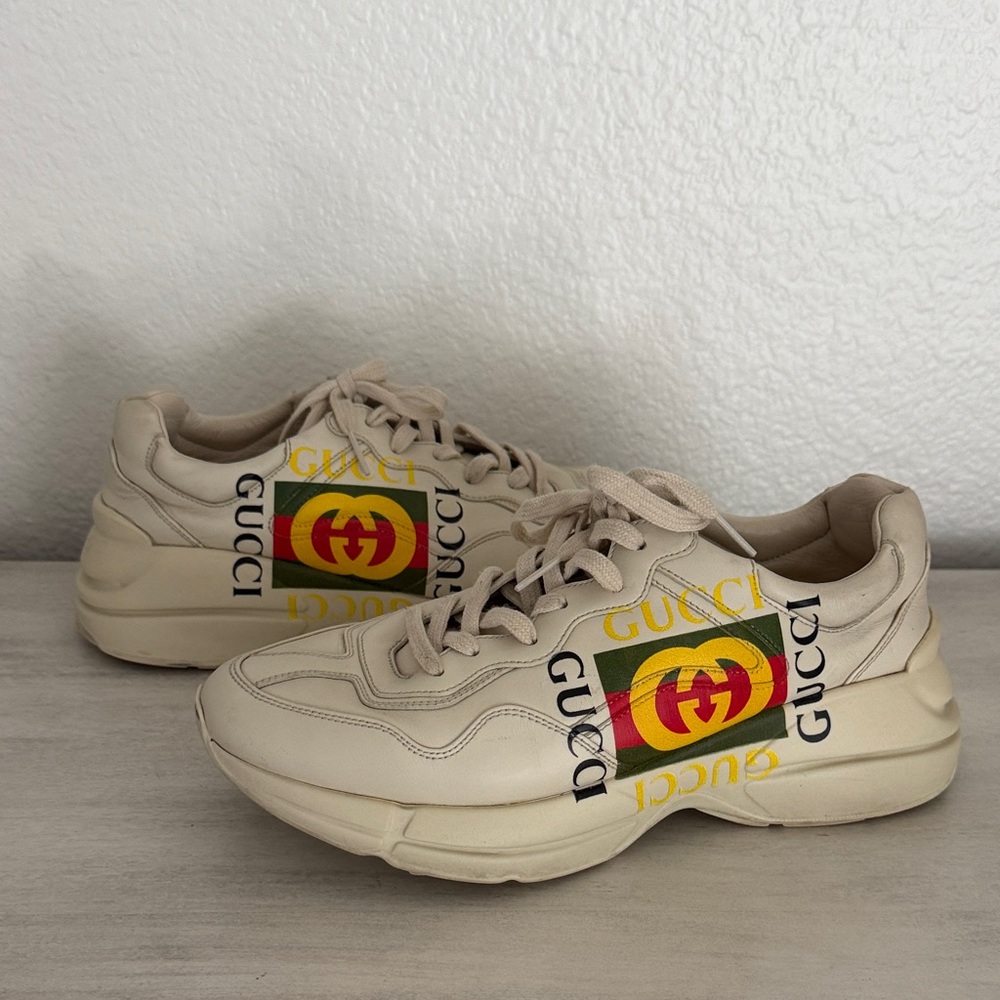Authentic Gucci Men's Rython  Logo Cream Sneakers Size 8.5